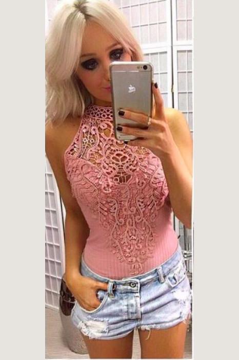 Lace Patchwork Scoop Sleeveless Short Lace Jumpsuit