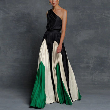 One Shoulder Colorblock Design Ankle Length Dress