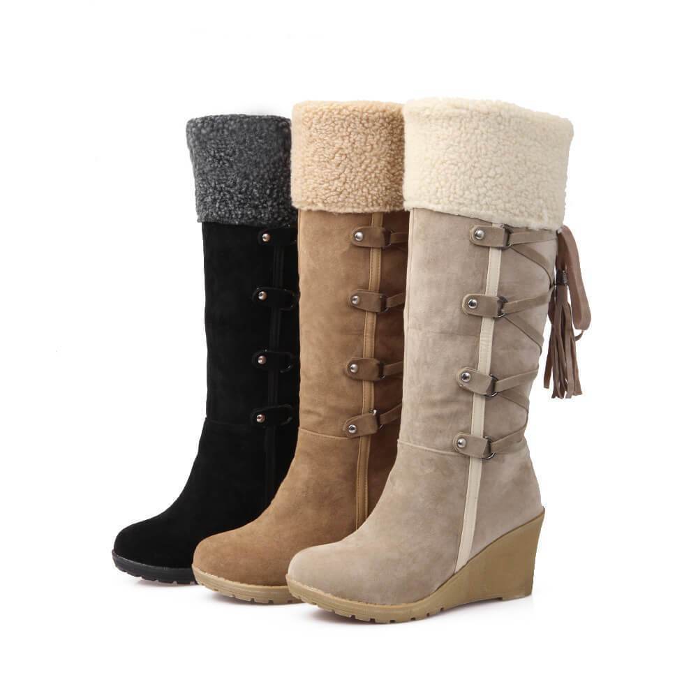 Suede Lace Up Wedge Knee High Boots