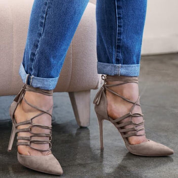 Gray Suede Strap Point Toe High Heels