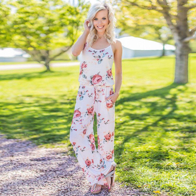 Flower Print Spaghetti Straps Sleeveless Long Jumpsuit