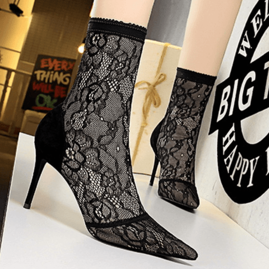 Sexy Black Lace Point Toe Stretch High Heel Ankle Boots