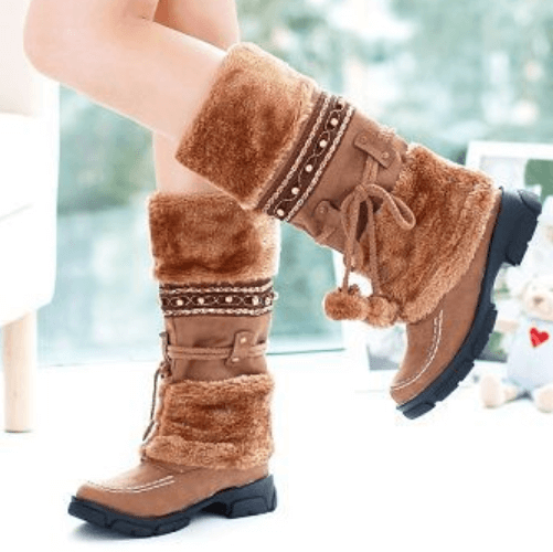 Fur Chunky Low Heel Mid Calf Boots 