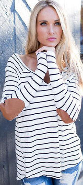 Fashion Stripe Print V Neck Long Sleeve Blouse