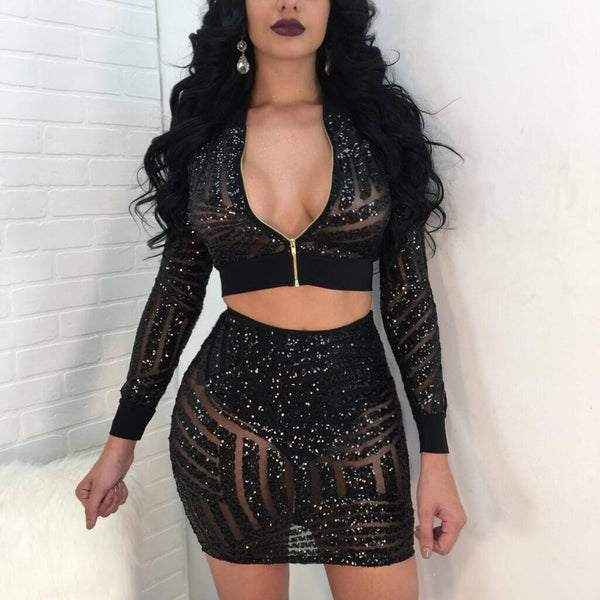 Deep V-neck Crop Top Bright Short Skirt Set