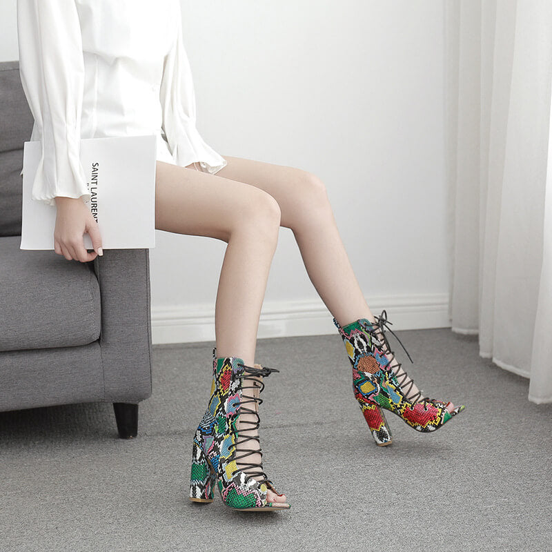 Snakeskin Lace Up Leather Peep Toe High Heel Sandals
