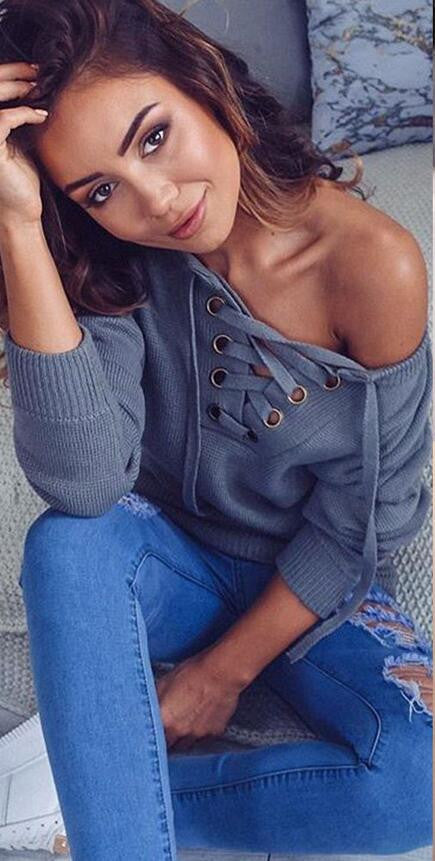 Sexy Deep V Off-Shoulder Lace Up Sweater