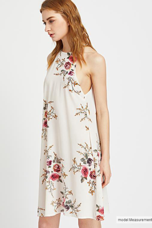 Bear-Shoulder-Scoop-Floral-Print-Loose-Short-Dress