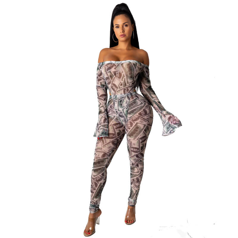 Print Crop Top High Neck Skinny Pants Set