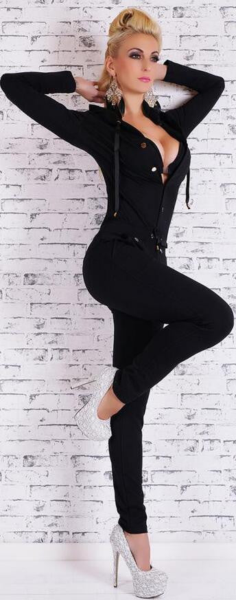 Sports Style Hoodie Pure Color Draw String Long Jumpsuit