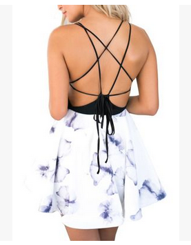 Spaghetti Strap V-neck Sleeveless Print Short Dress