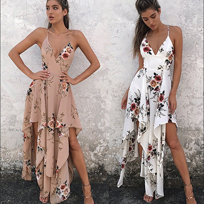 Floral Print Spaghetti Straps Irregular High Waist Bohemian Dress