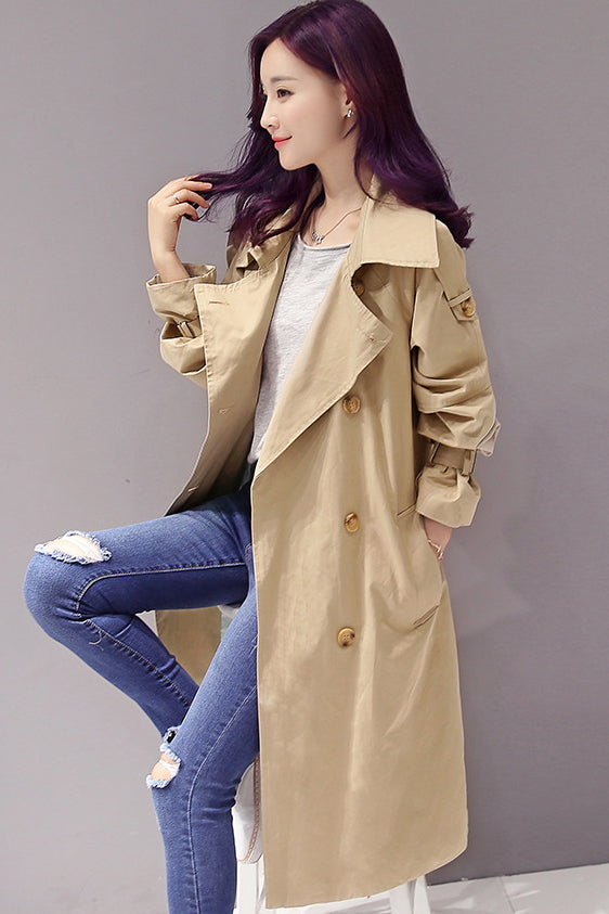Double Breasted Lapel Collar Pockets Long Coat