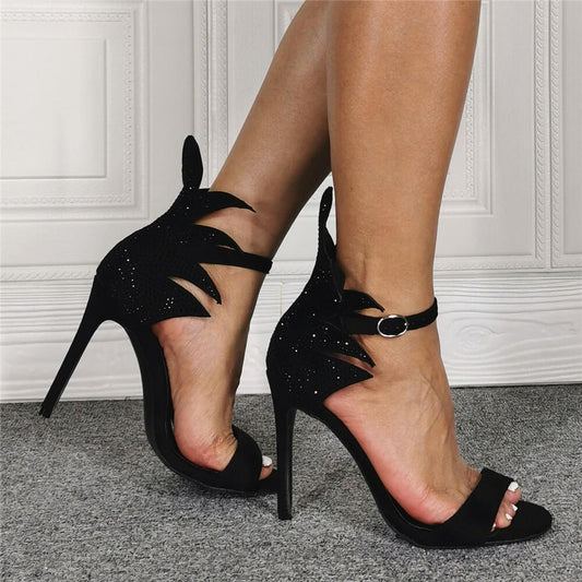 Black Suede Rhinestone High Heel Ankle Sandals