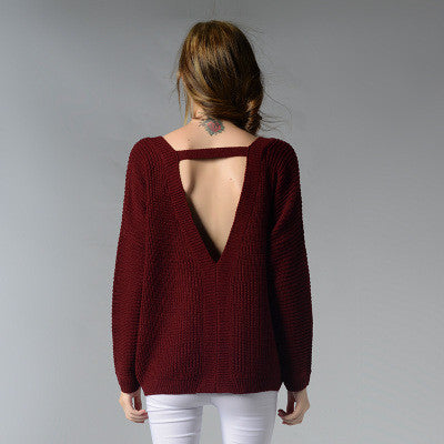 V-neck Pure Color Long Sleeves Loose Knit Pullover Sweater