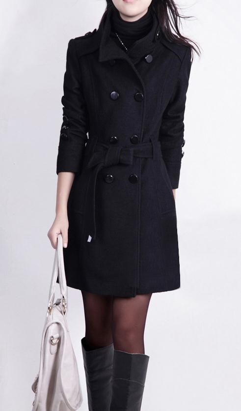 Stand Collar Double Button Belt Slim Plus Size Woolen Coat - Meet Yours Fashion - 1