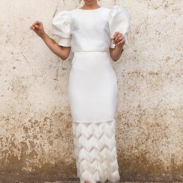 Short Sleeves Crop Top High Waist Calf Skirt Set