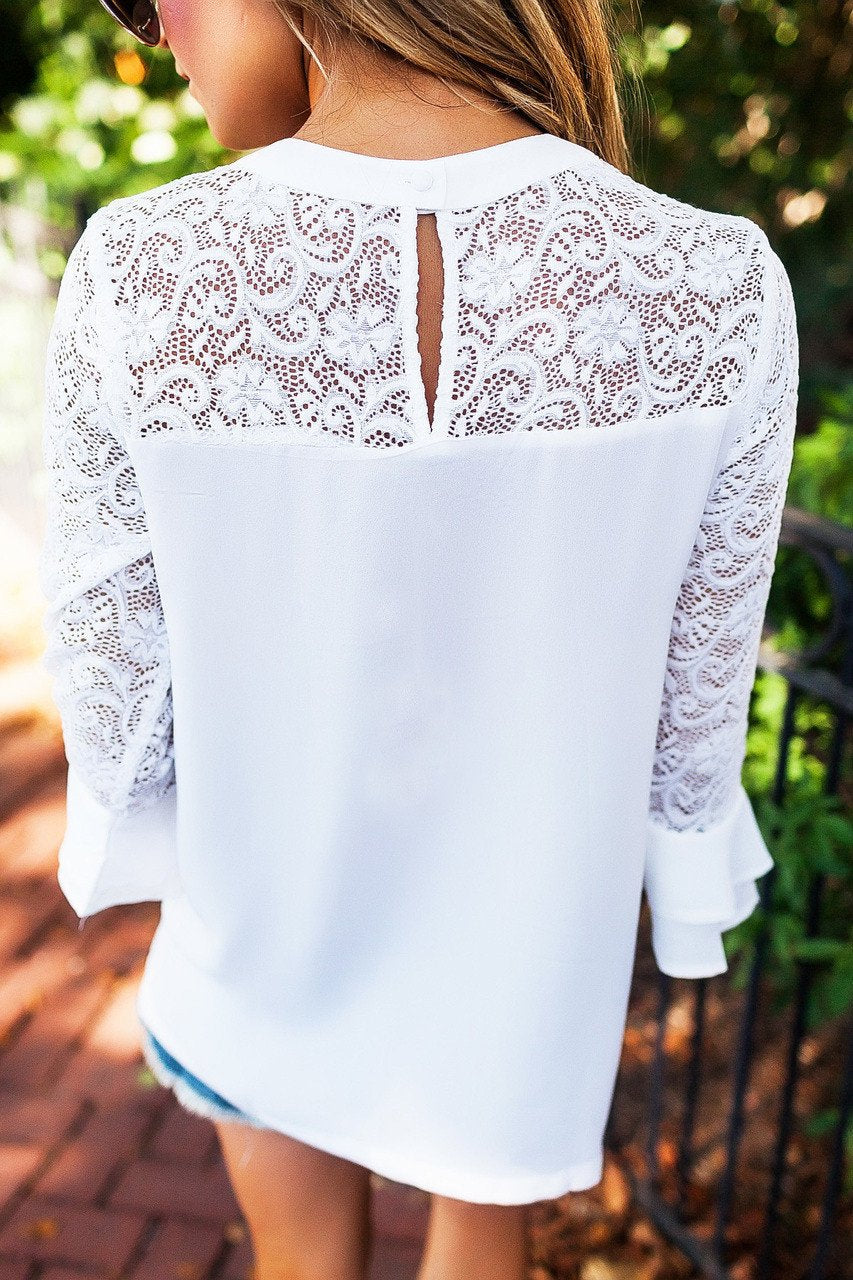 Pure Color Lace Chiffon Patchwork 3/4 Sleeves Blouse