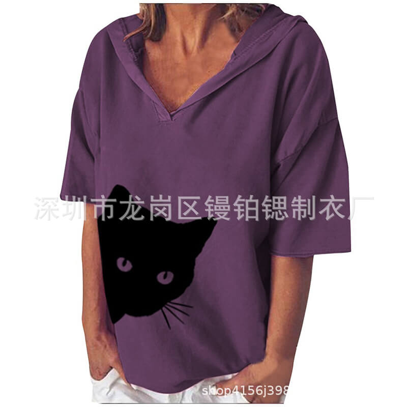 Hooded Print V-neck Loose T-shirt