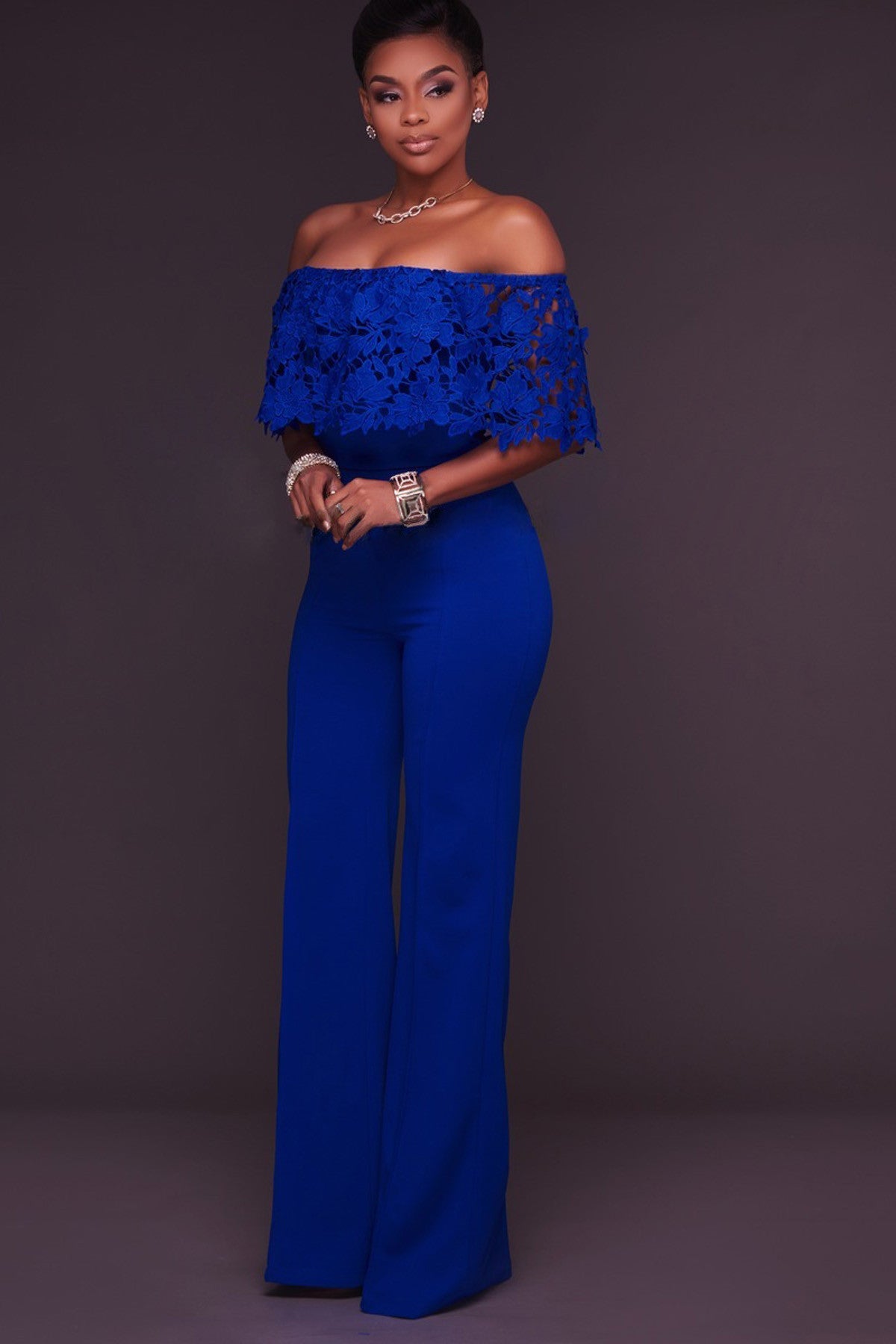 Off Shoulder Ruffles Sleeves Pure Color Long Jumpsuit