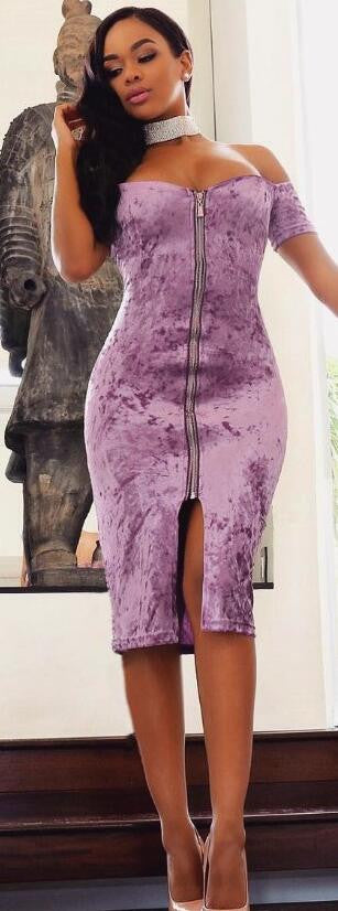 Sexy Pleuche Off Shoulder Short Sleeve Front Zipper Dress