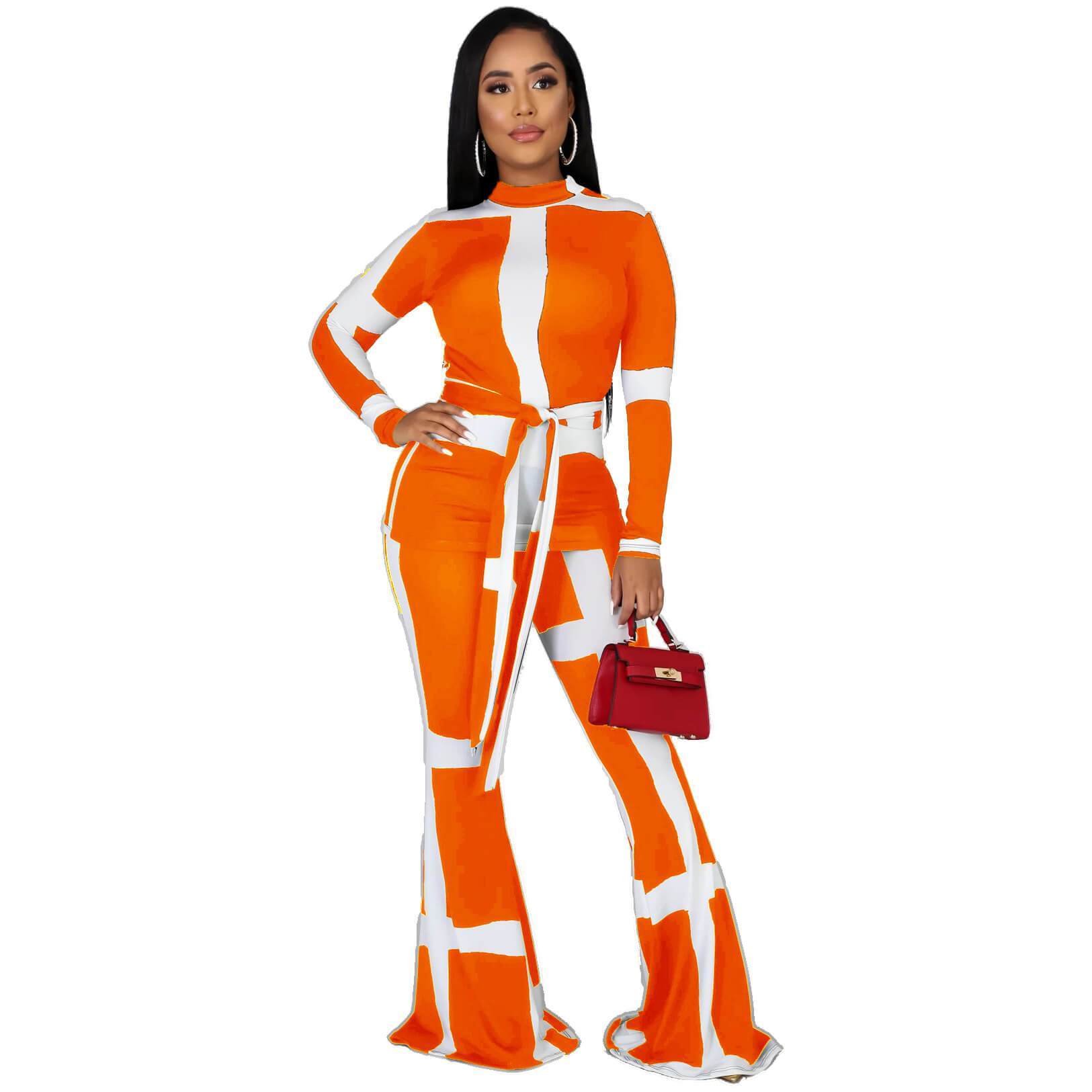 Patchwork Crop Top High Waist Bell Bottom Pants Set