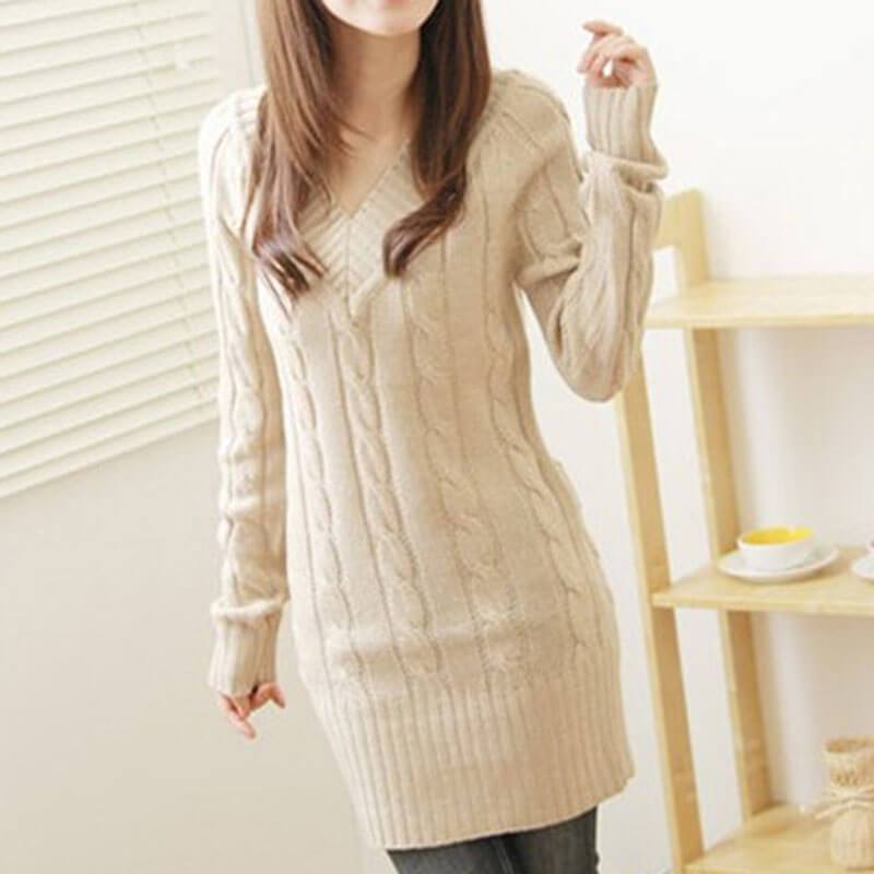 V Neck Cable Knitted Plus Size Sweater Dress
