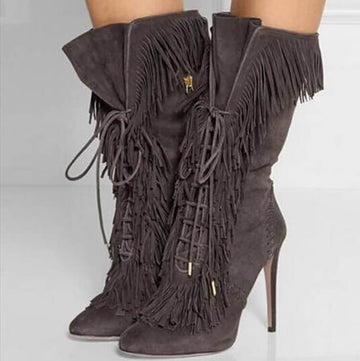 Sexy Gray Suede Fringe Strap Pointed Toe High Heel Boots