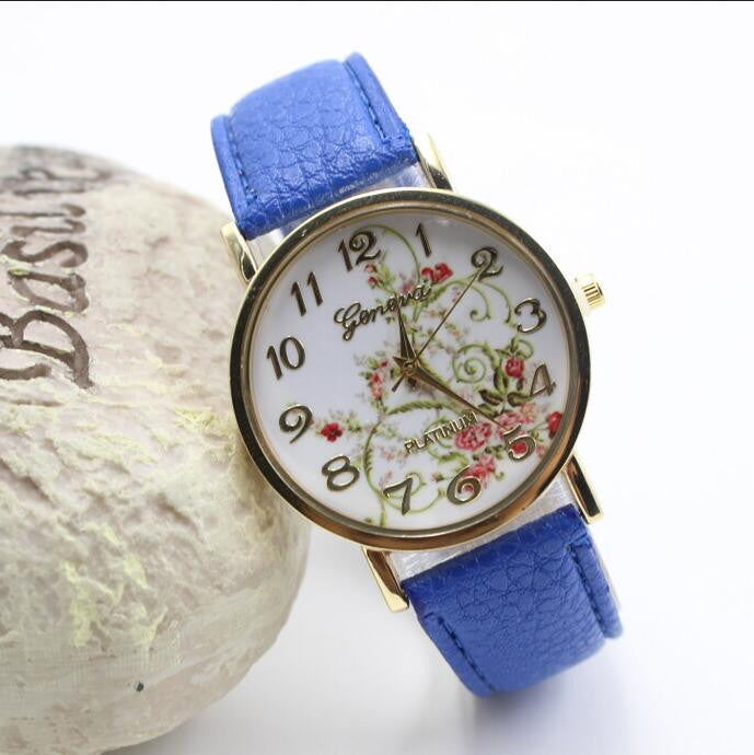 Classic Flower Print Leather Watch