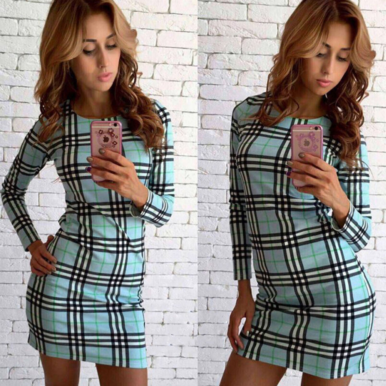 Long Sleeves Scoop Neck Plaid Short Dress