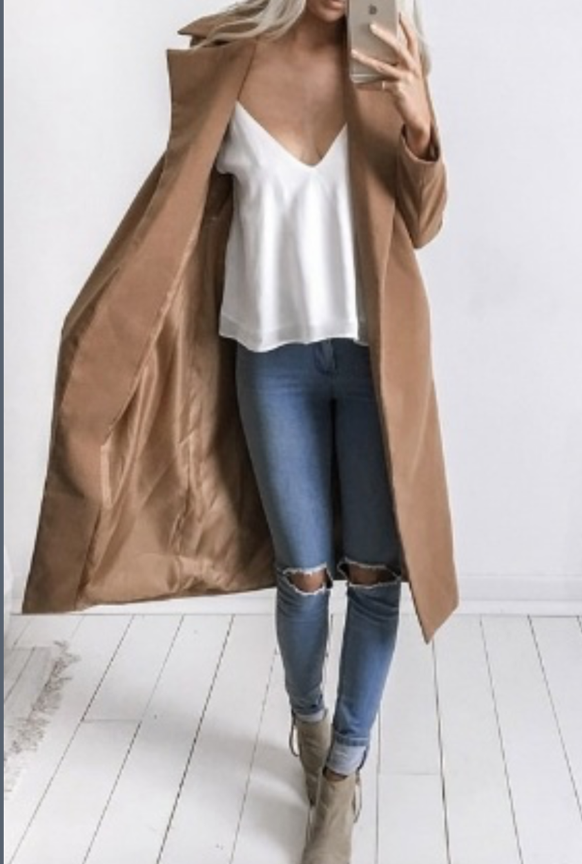 Lapel Collar Pockets Long Slim Woolen Coat