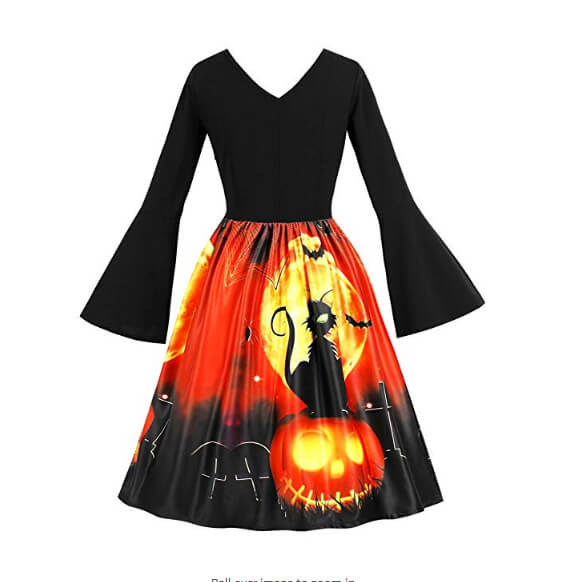 Retro Halloween Bell Sleeve Pumpkin Print Dress