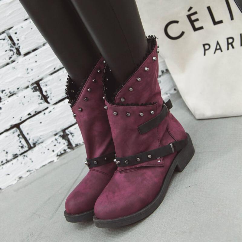 Leather Rivet Chunky Buckle Low Heel Calf Boots