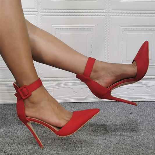 Red Suede Point Toe Ankle Buckle High Heels