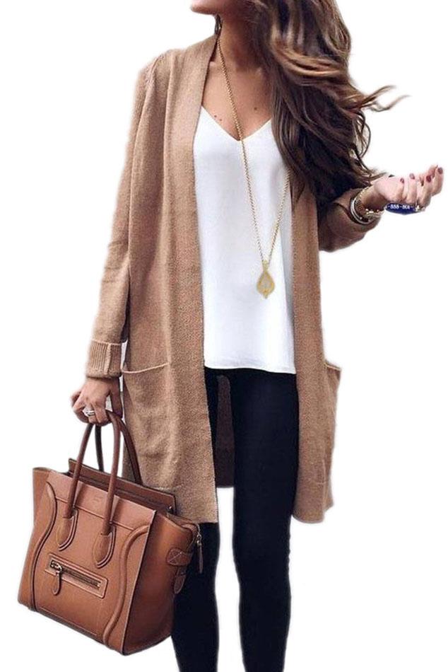 Solid Color Pockets Loose Open Cardigan