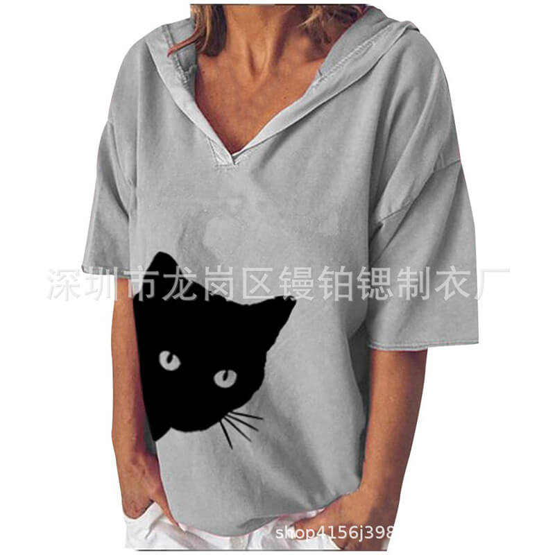 Hooded Print V-neck Loose T-shirt