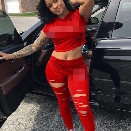 Hooded Crop Top Hollow Skinny Pants Set