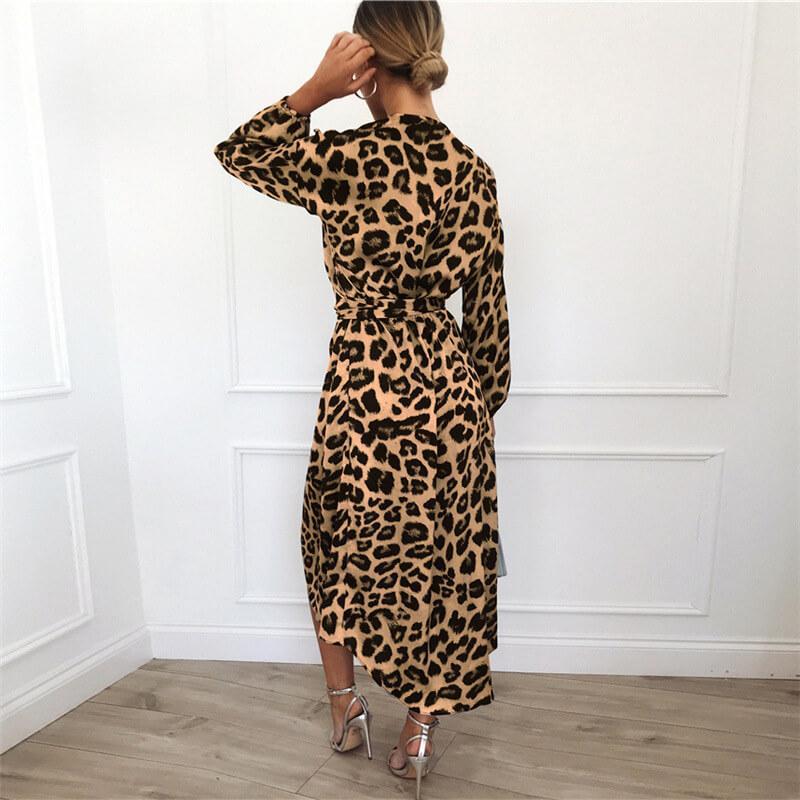 V Neck Asymmetric Leopard Dress