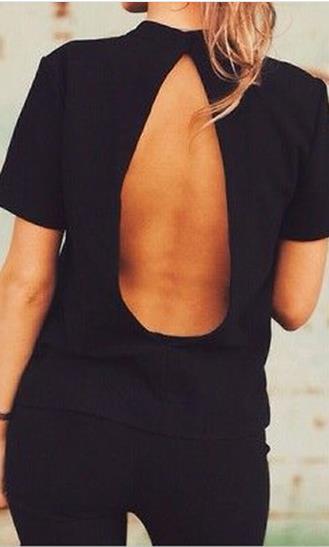 Halter Backless Short Sleeves Slim Sexy T-shirt - Meet Yours Fashion - 2