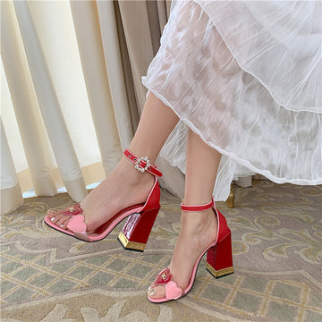 Cute Leather Pink Buckle Chunky Heel Sandals