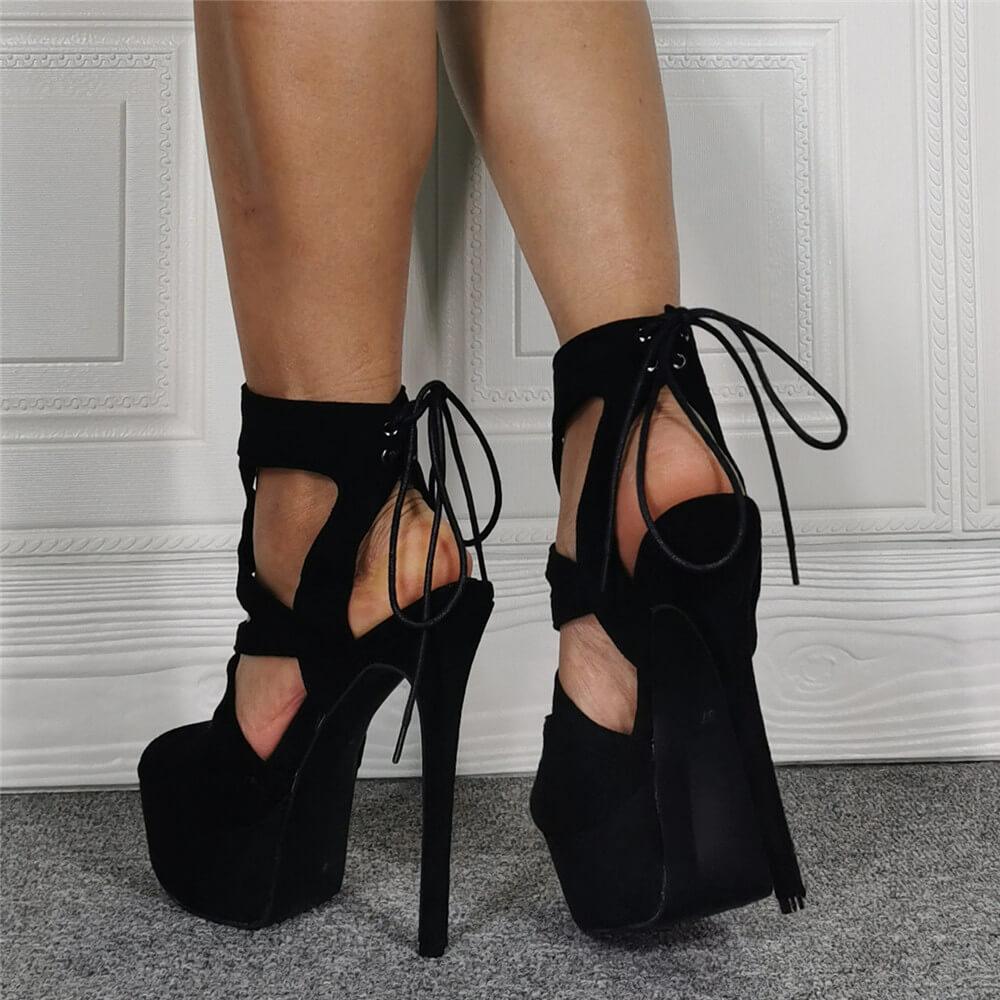 Black Suede Cutout Peep Toe Platform High Heel Sandals