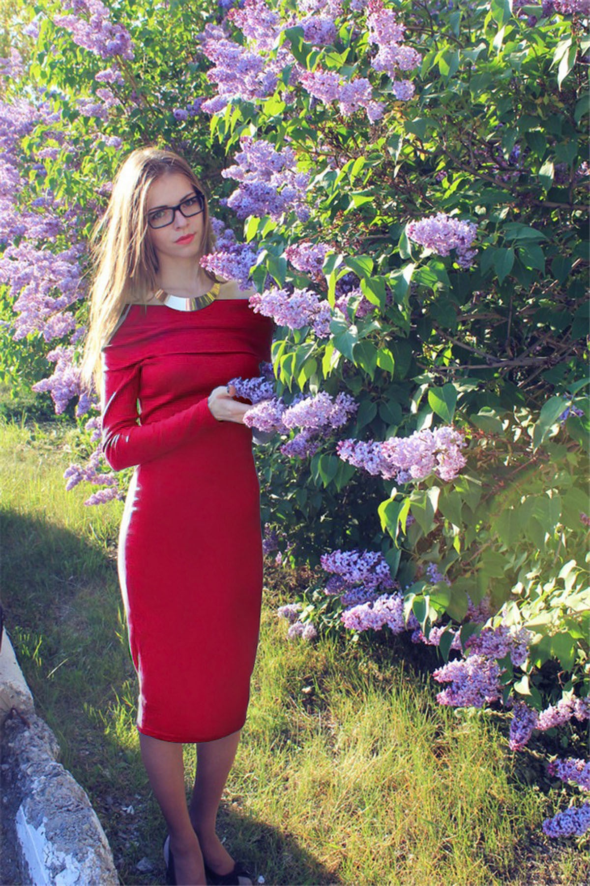 Off Shoulder Long Sleeves Pure Color Knee-length Dress