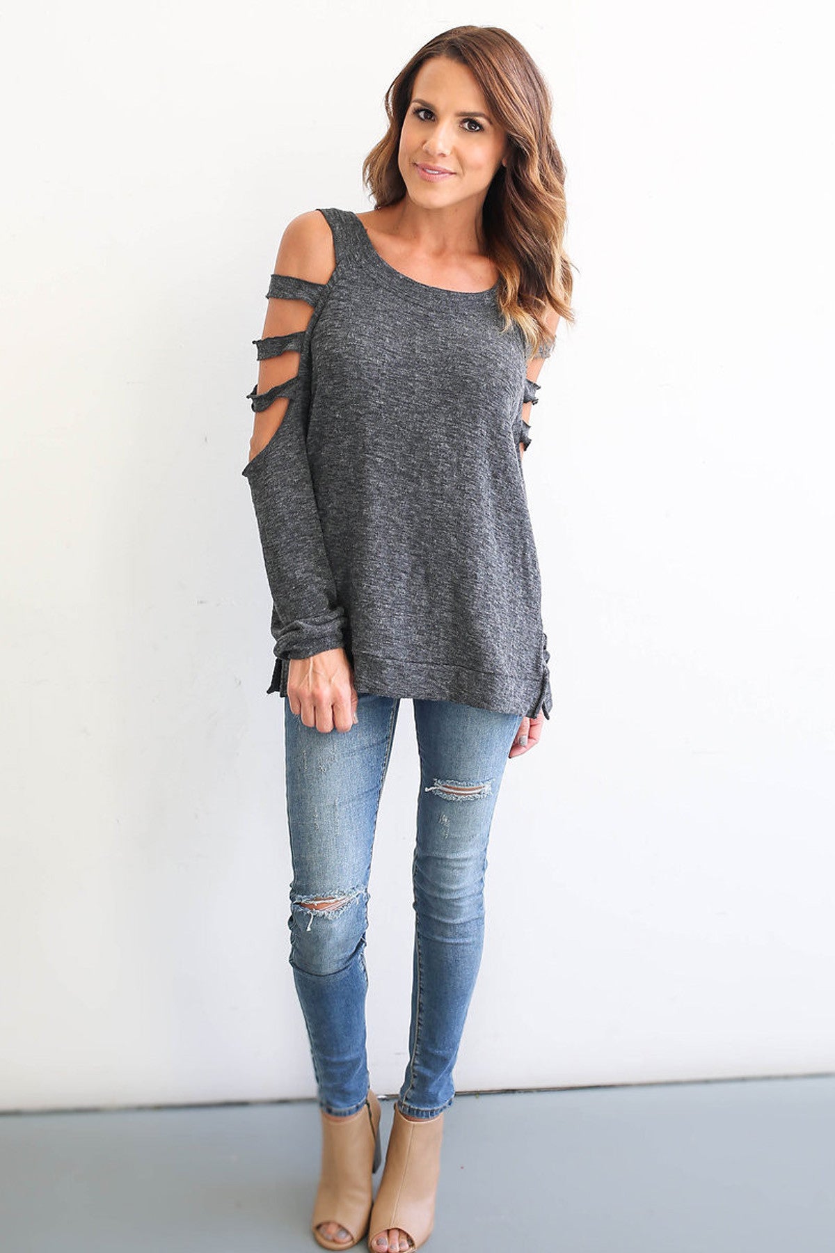 Bear Shoulder Pure Color Hollow Out Long Sleeves T-shirt