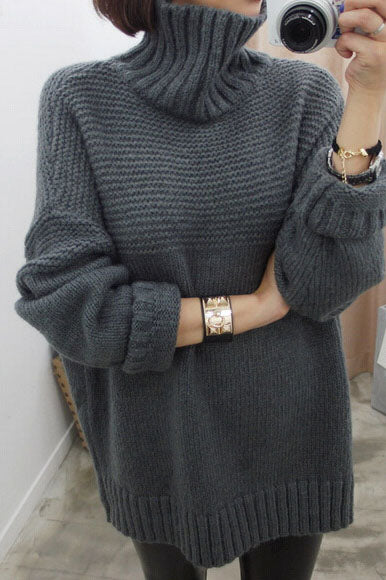 Solid Color Side Split High Neck Loose Pullover Sweater