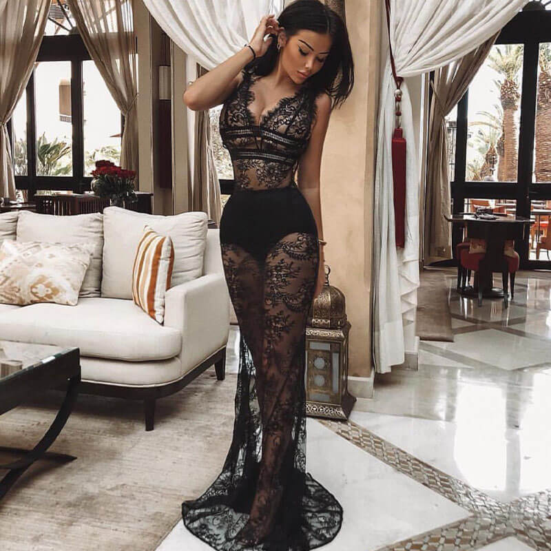 Black See Through Lace Backless Dress