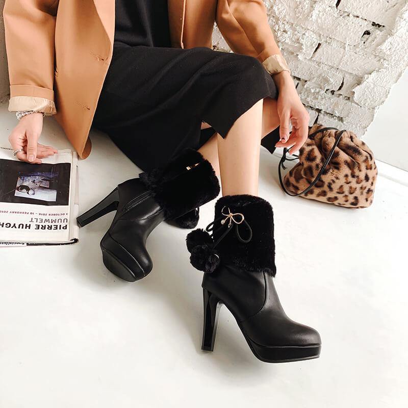Fur Embellished Platform Leather Heel Ankle Boots