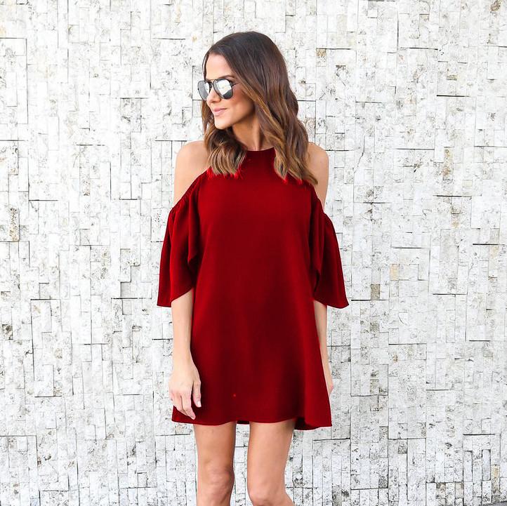 Pure Color Sleeveless Bear Shoulders Loose Short Dresses 