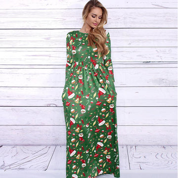 Christmas Flower Print 3/4 Sleeves Scoop Long Dress