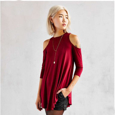Knitting Off-Shoulder 3/4 Sleeve Long T-Shirt
