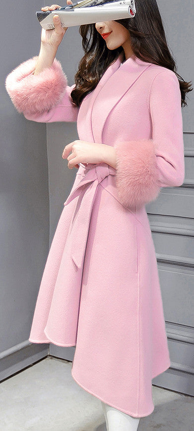 Fox Wool Sleeve Edge Turn-down Collar Long Coat With Belt